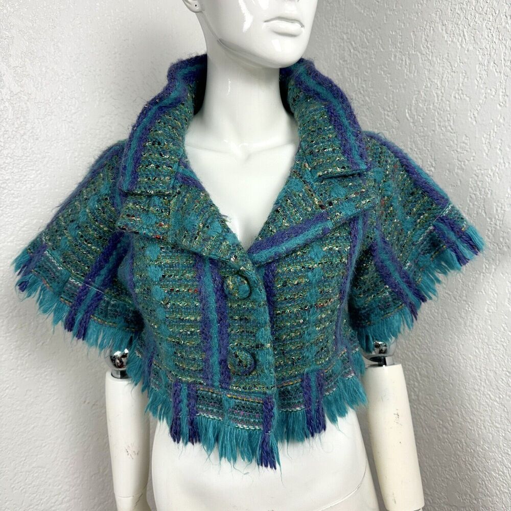 Fe Zandi Beverly Hills Cropped Tweed Jacket Purple Teal Green Raw Frayed Trim